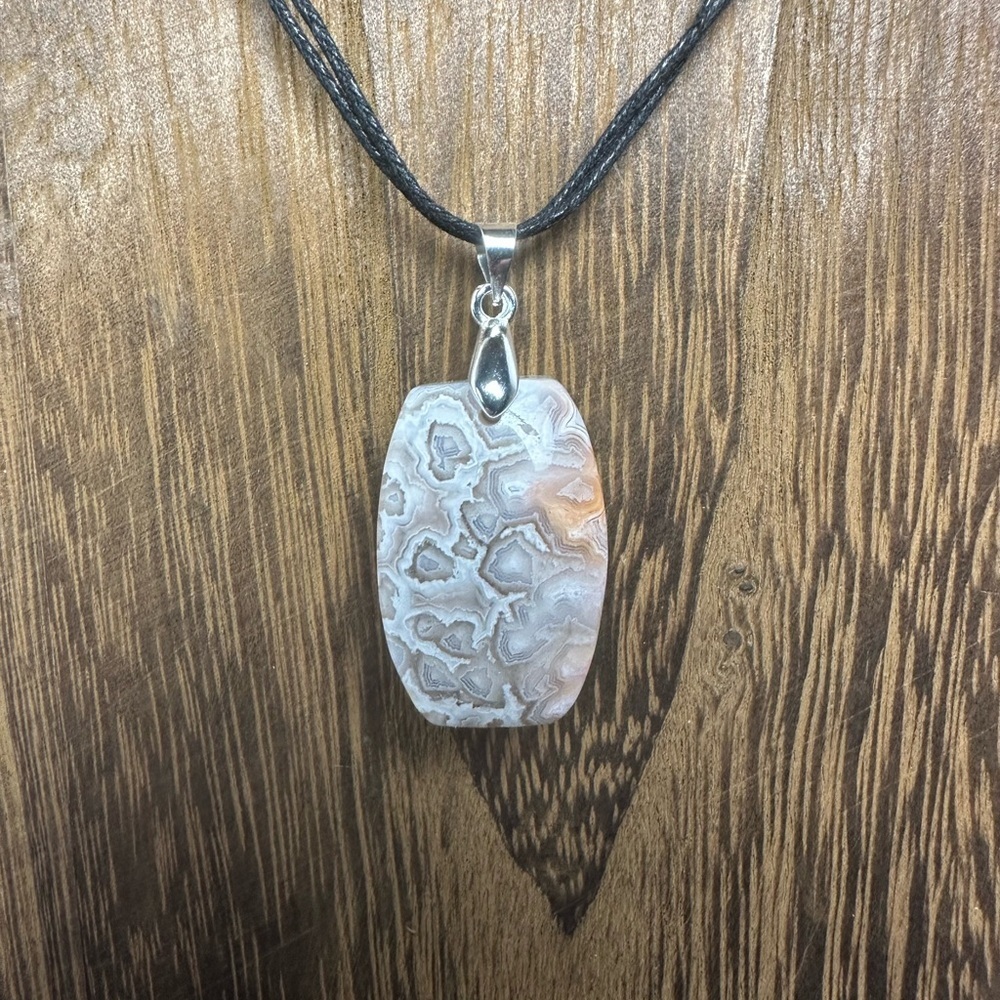 Mexican Crazy Lace Agate Pendant Necklace on Double Black Cotton Rope